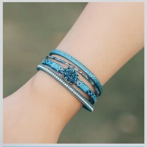 Leather Wrap Druzy & Crystal Boho Bracelet with Magnetic Closure